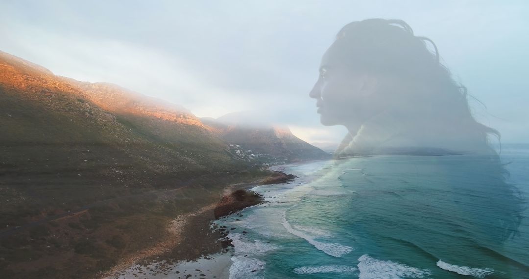 Majestic Coastal Landscape Merging with Reflective Portrait