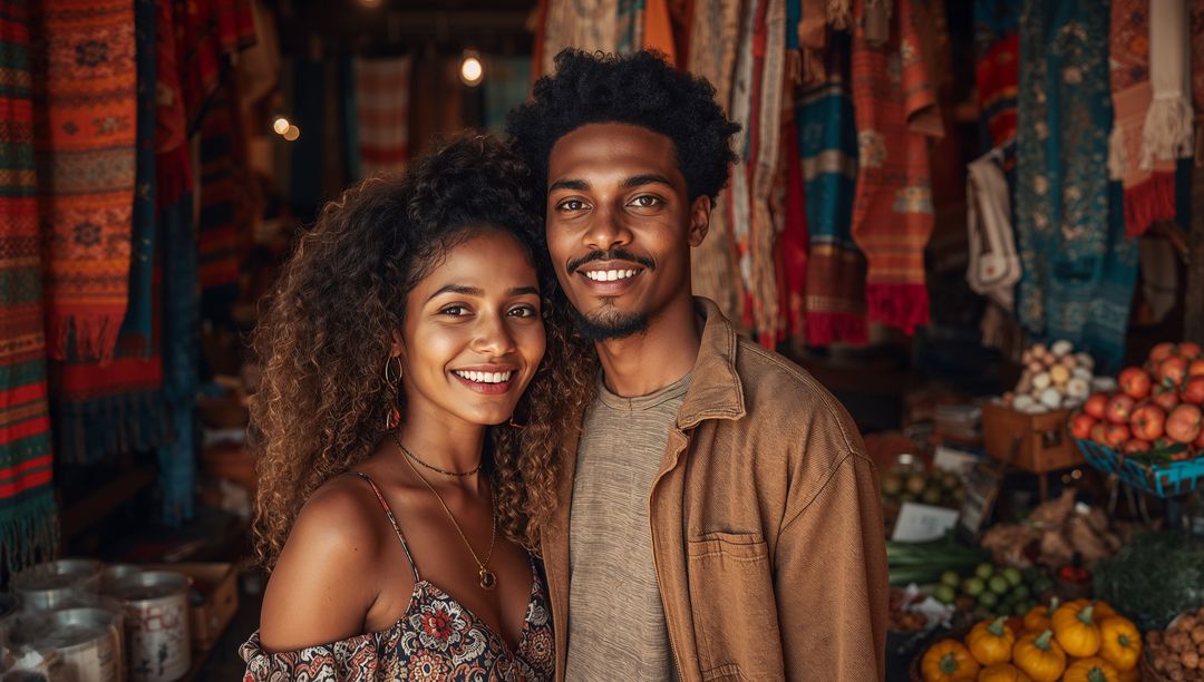 Smiling Couple Shopping at Bazaar Surrounded by Colorful Textiles and Fresh Produce