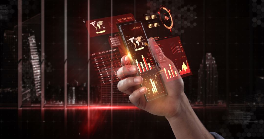Hand Holding Smartphone with Futuristic Financial Data Display