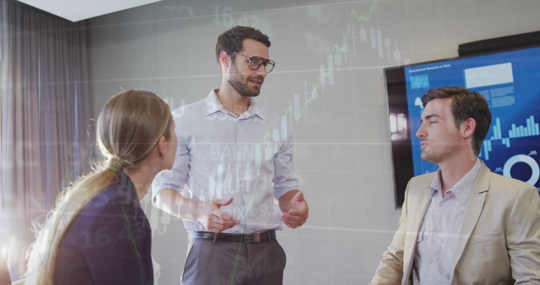 Finance Team Analyzing Data with Digital Overlay