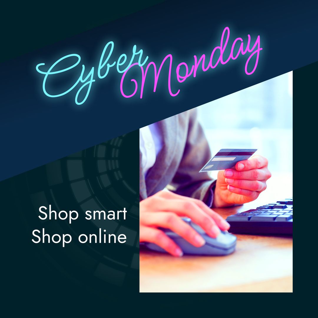 Cyber Monday Shopping Banner with Neon Text and Credit Card