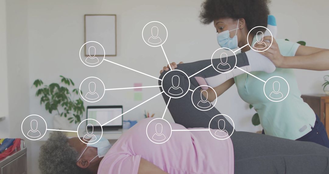 Therapist Assisting Patient with Stretching in Rehab Clinic with Network Overlay