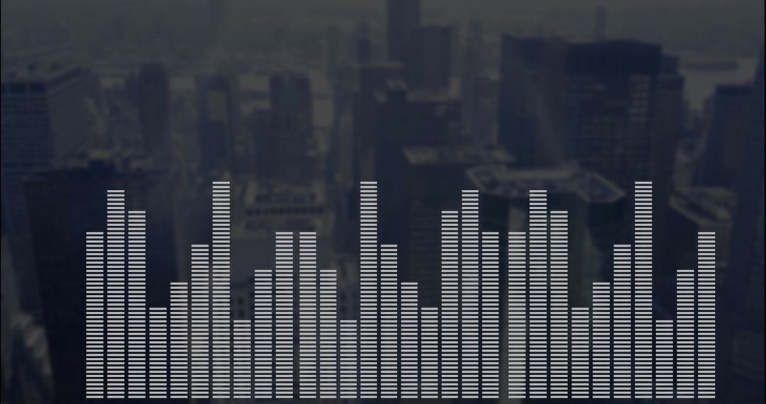 Digital Equalizer Bars Overlaying Urban Skyline at Dusk