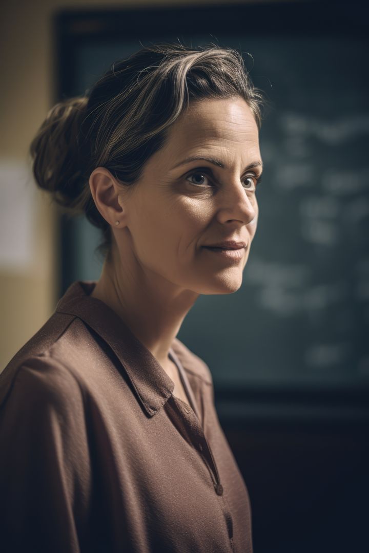 Thoughtful Teacher Standing Near Blackboard in Classroom - Free Images, Stock Photos and Pictures on Pikwizard.com