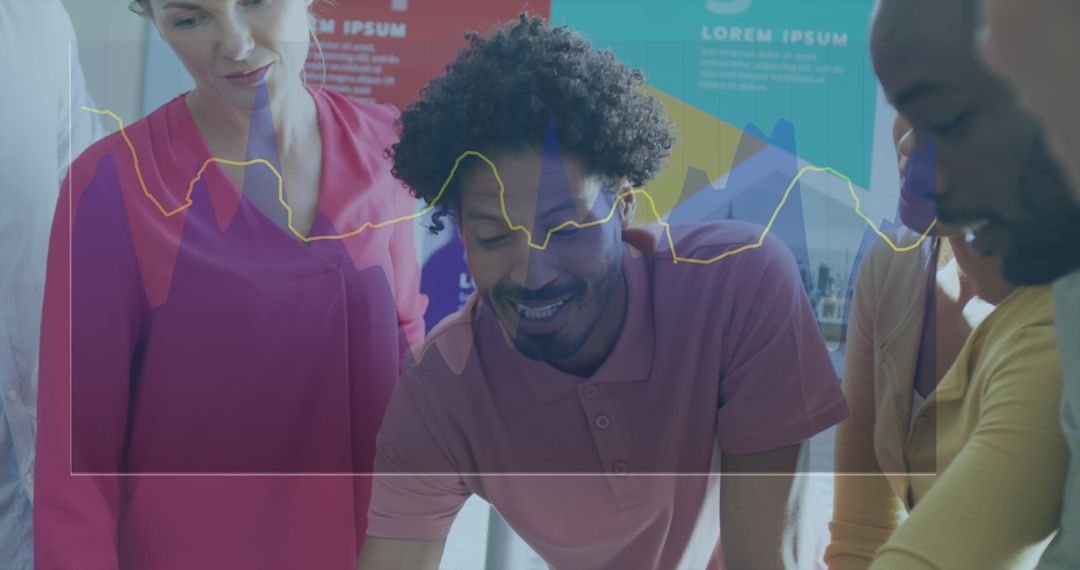 Multiethnic Team Collaborating with Financial Data Overlay