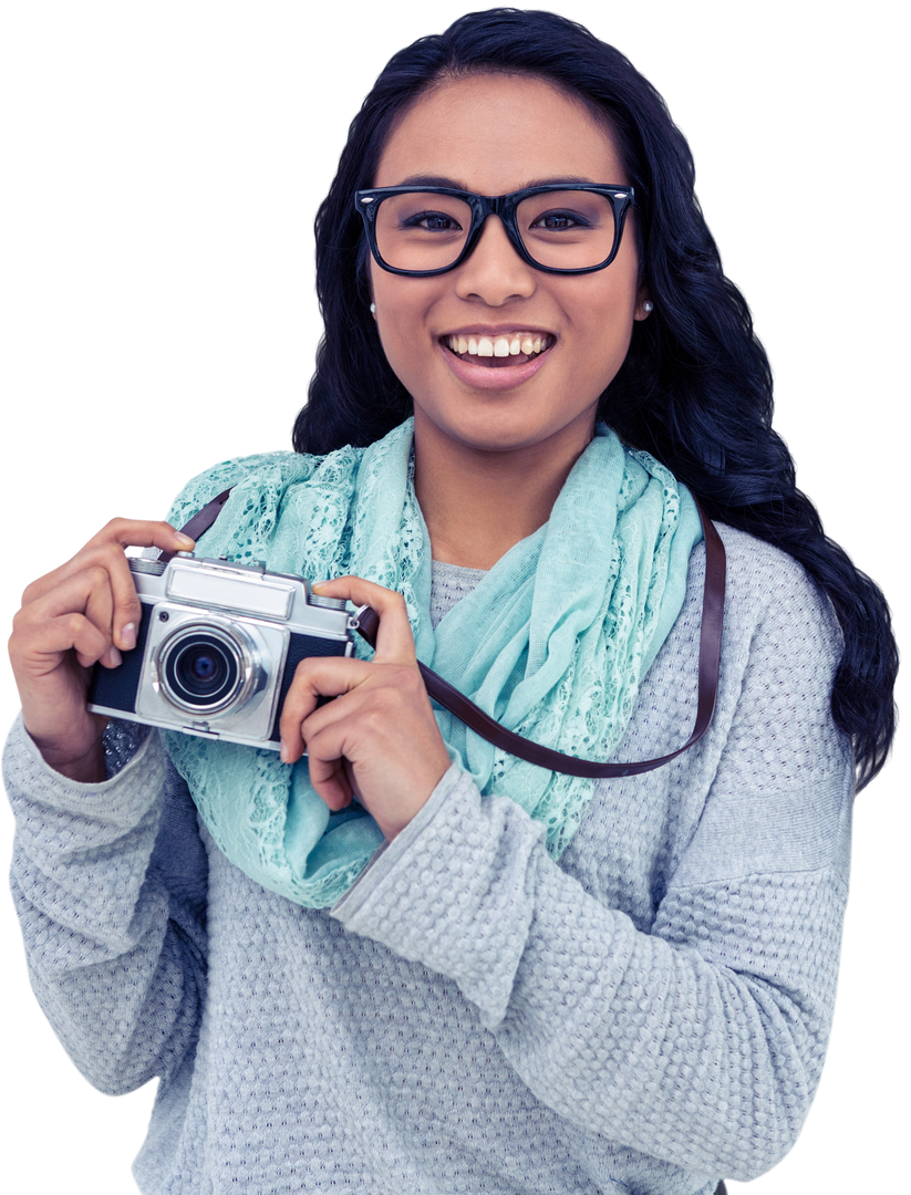 Smiling Asian Woman Holding Digital Camera Transparent Background - Download Free Stock Images Pikwizard.com