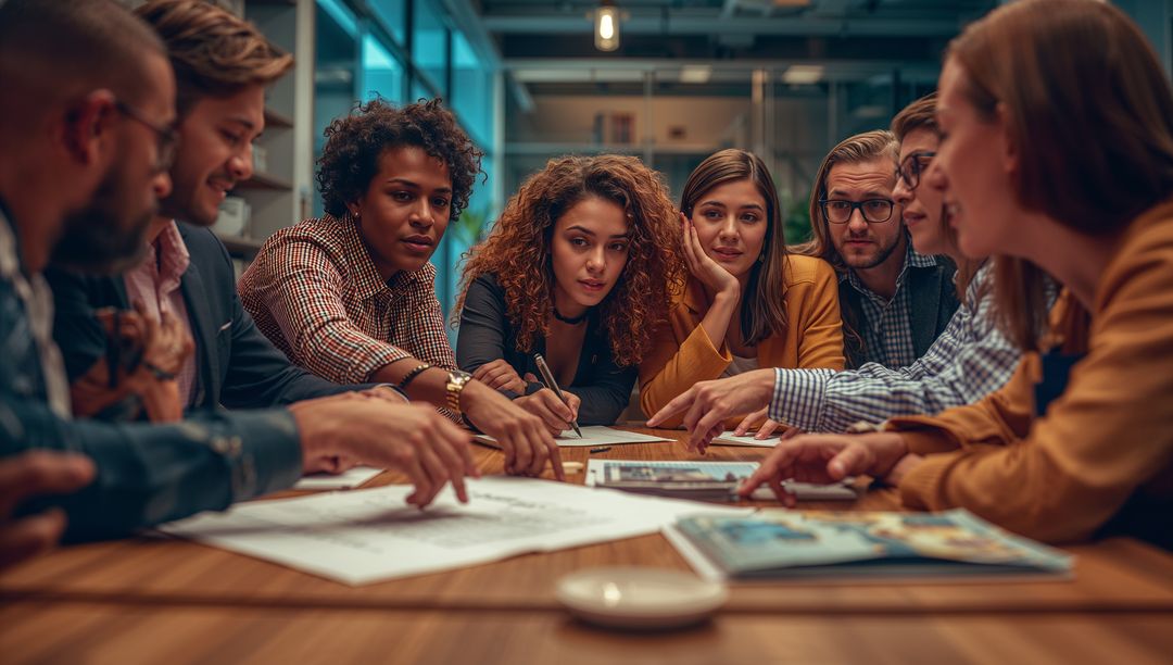 Diverse Team Collaborating Over Project Concepts in Modern Workspace