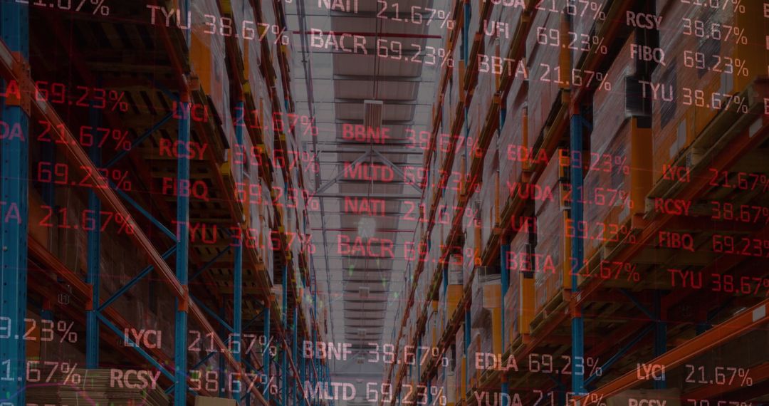 Digital Data Overlay in Empty Warehouse Reflecting Global Shipping