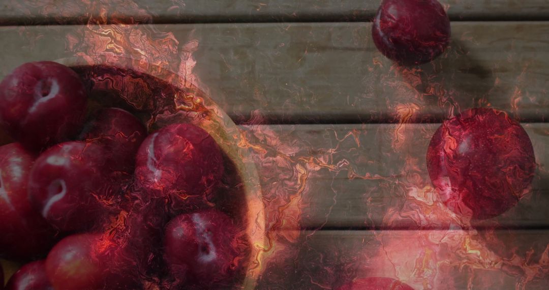Rustic Bowl of Red Plums with Fiery Textured Overlay