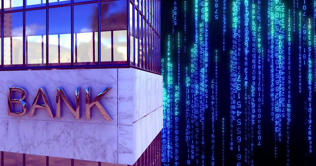 Bank Building with Digital Code Overlay Demonstrating Fintech Advancements