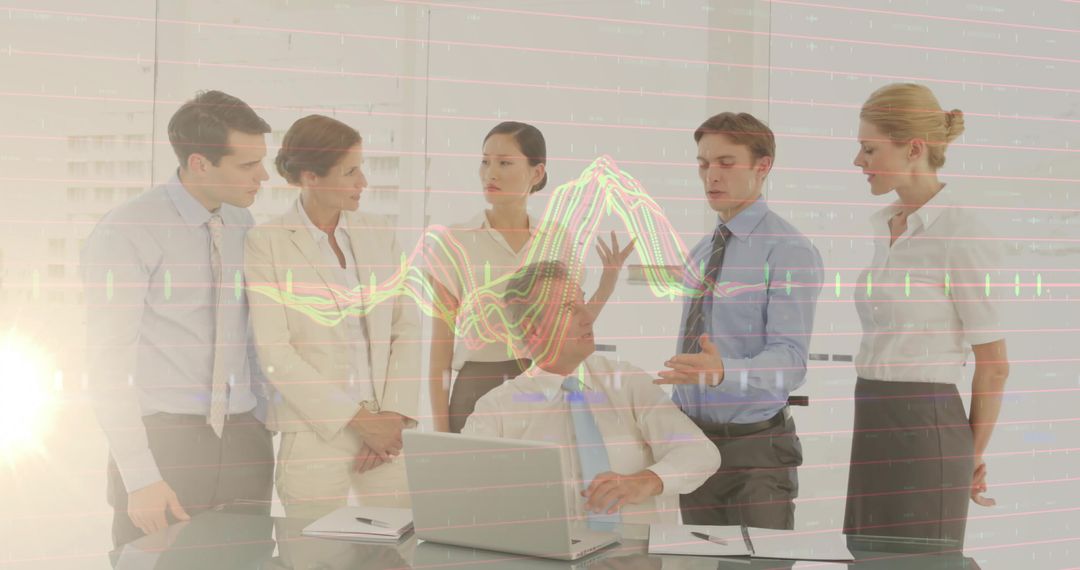 Business Team Analyzing Data with Financial Chart Overlay