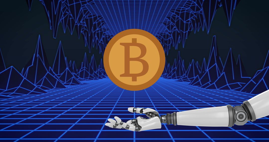 Robot Hand Reaching Towards Bitcoin Symbol Inside Digital Tunnel