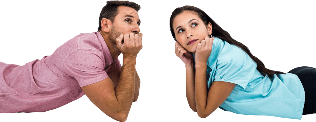 Transparent Thoughtful Couple Laying on Floor Looking Sideways