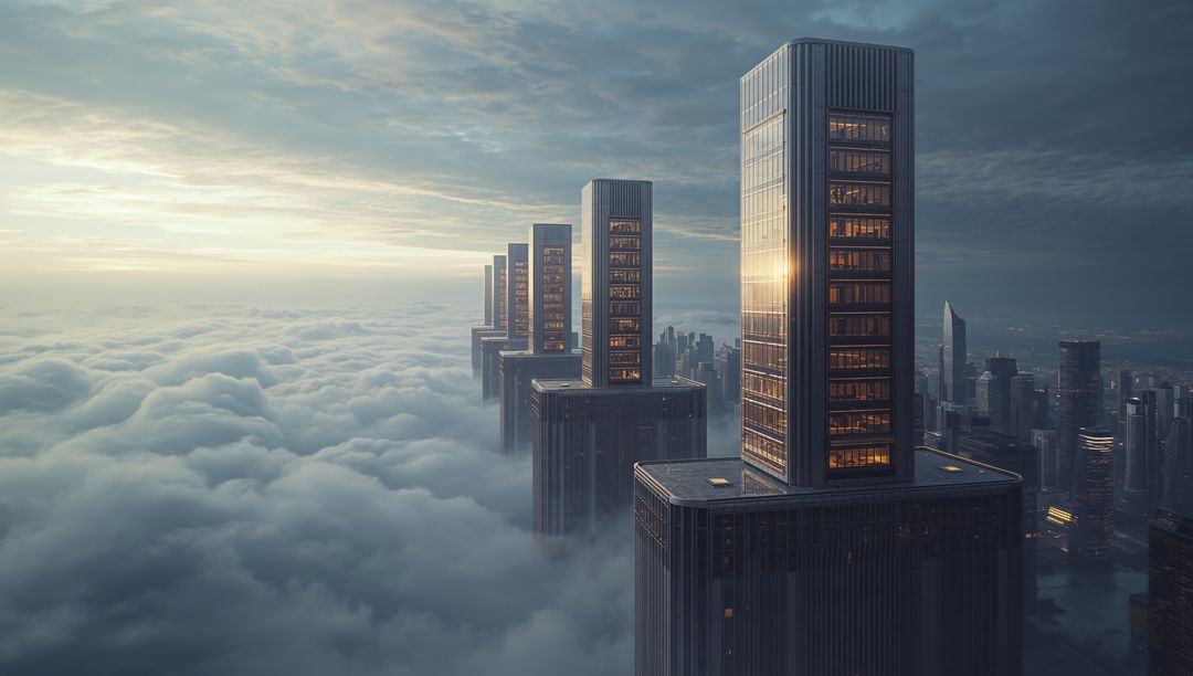 Ethereal Skyscrapers Emerge Above Cloud Layer at Dawn