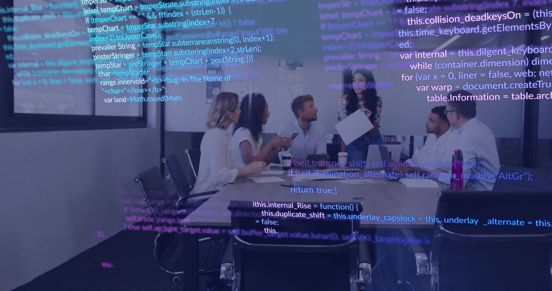 Business Team Analyzing Data Projections Overlaid with Code