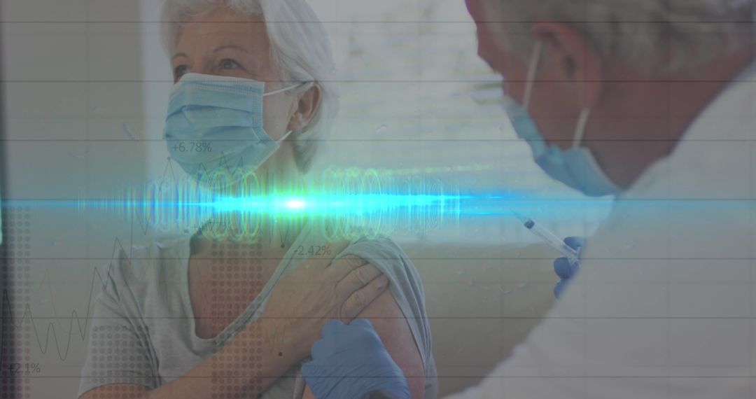 Senior Woman Receiving Vaccination with Data Overlay Technology