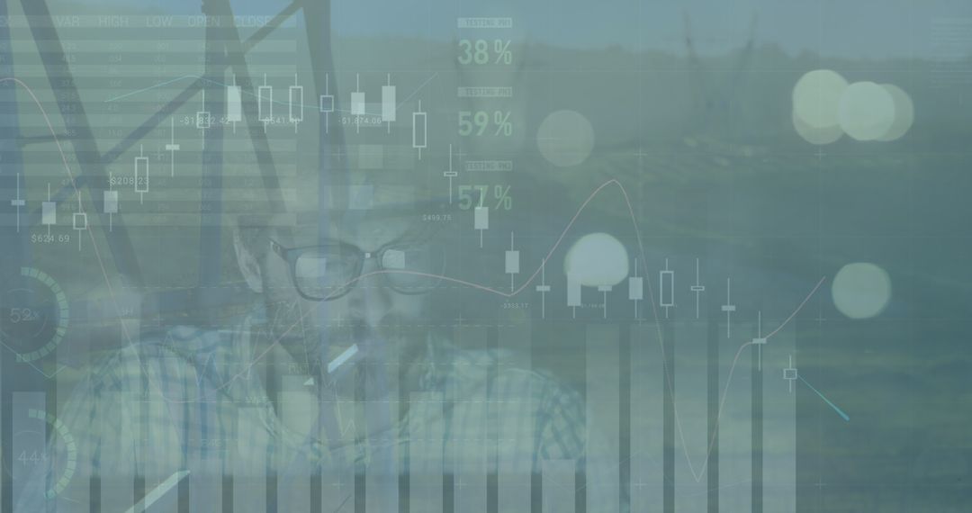 Double Exposure of Financial Graphs Over Utility Pole at Sunset