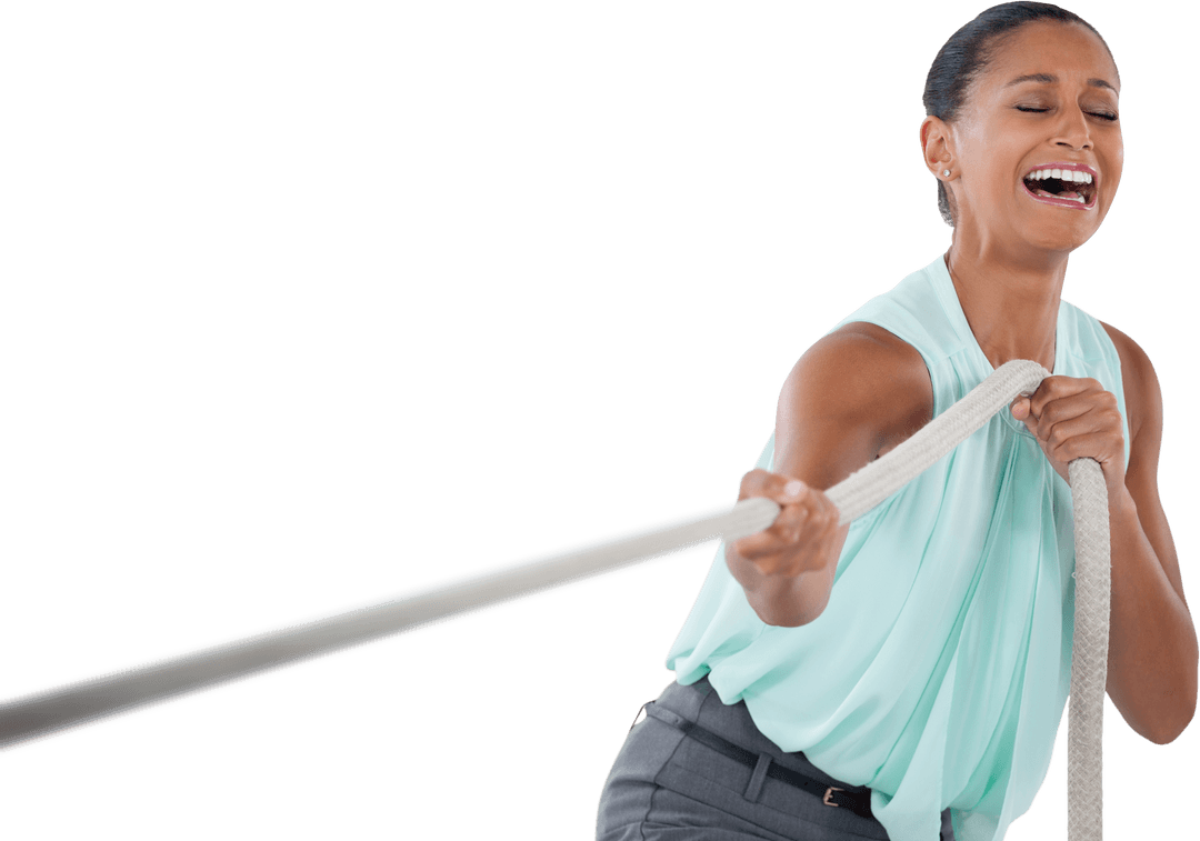 Energetic Woman Tugging Rope Transparent PNG Image