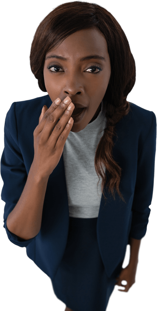 Top View of Transparent Yawning Businesswoman with Hand Over Mouth