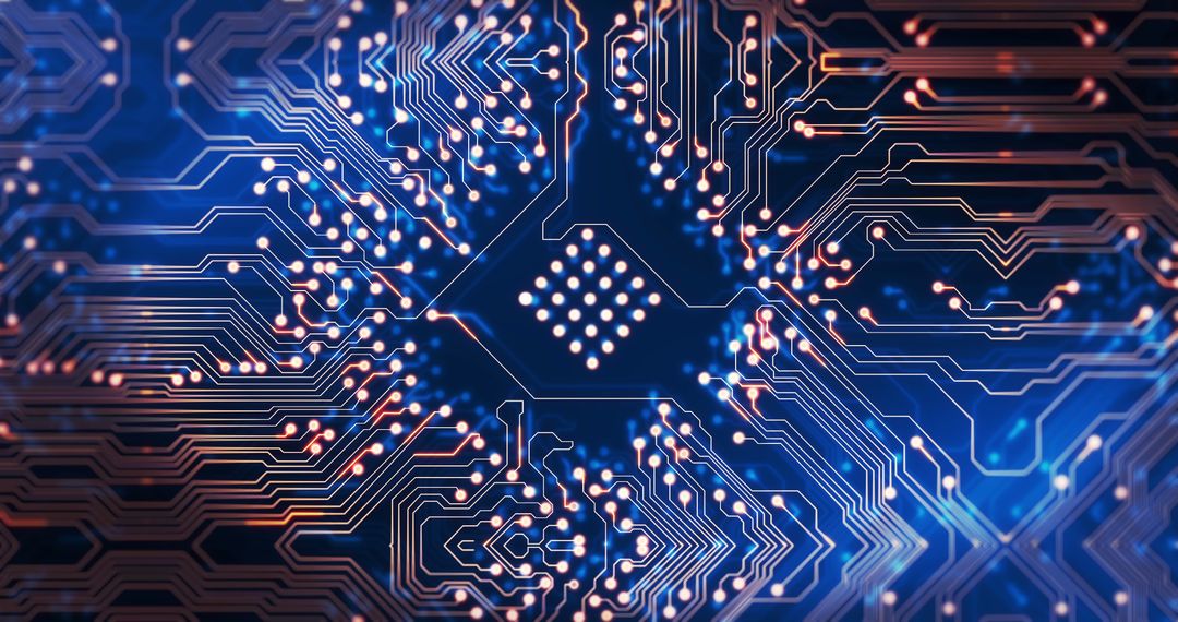 Intricate Circuit Board Design with Glowing Connections