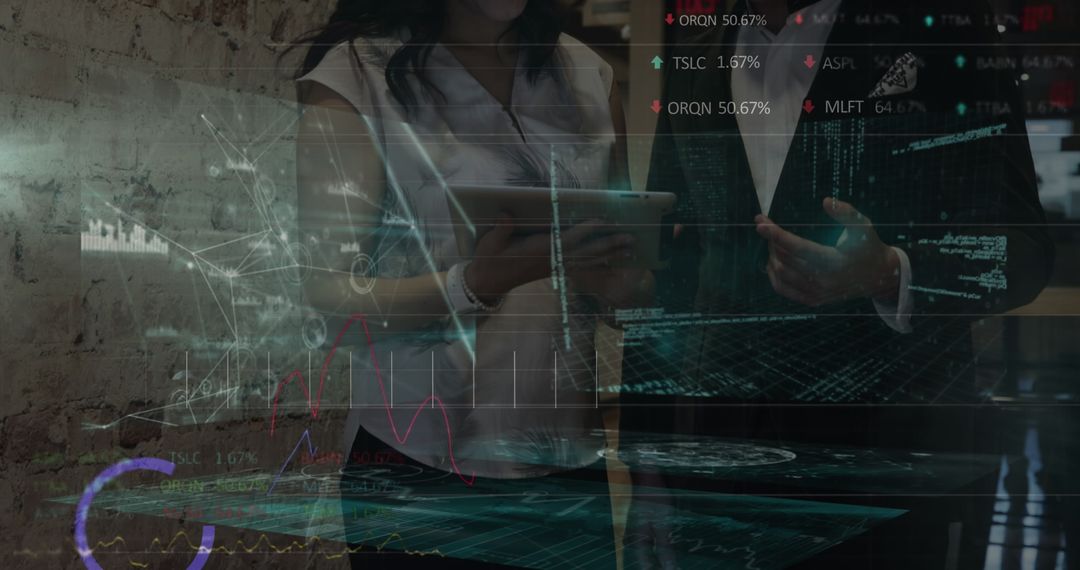 Diverse Coworkers Analyzing Data with Overlayed Graphs, Business Concepts