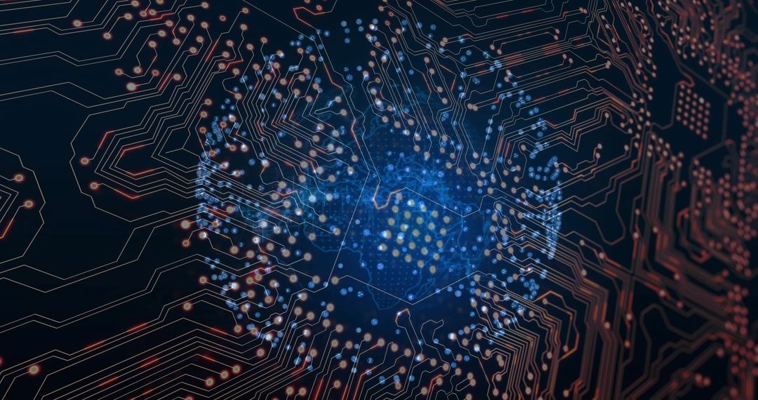 Pulsing Hexagonal Data Core Radiating Neon Signals Across PCB Circuit Traces