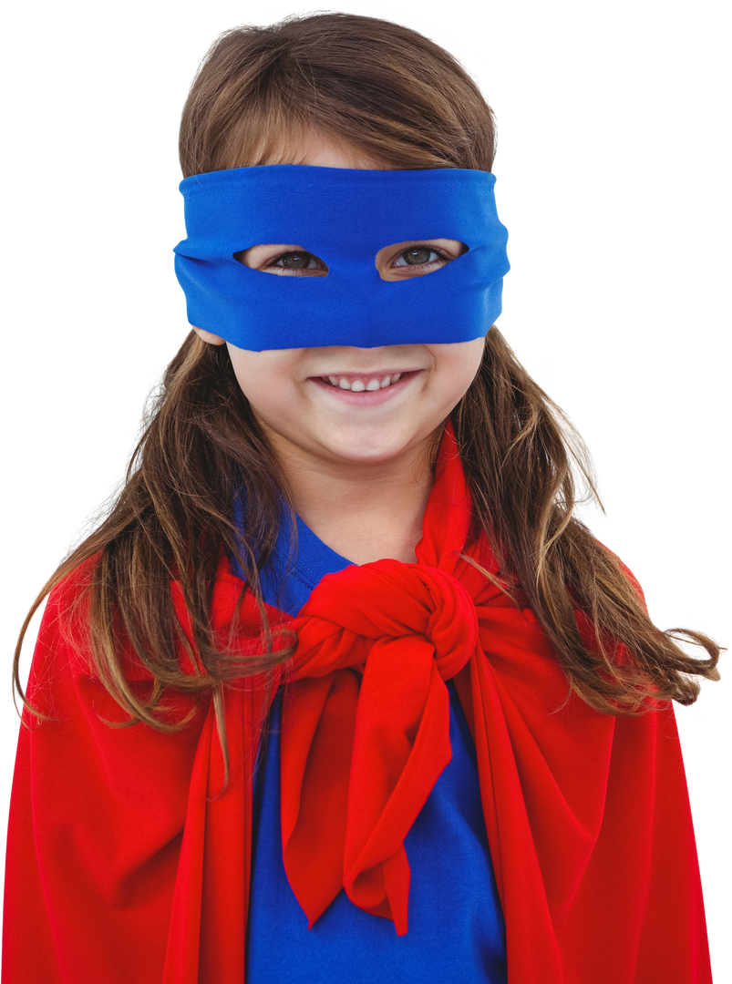 Smiling Girl with Blue Mask and Red Cape on Transparent Background - Download Free Stock Images Pikwizard.com