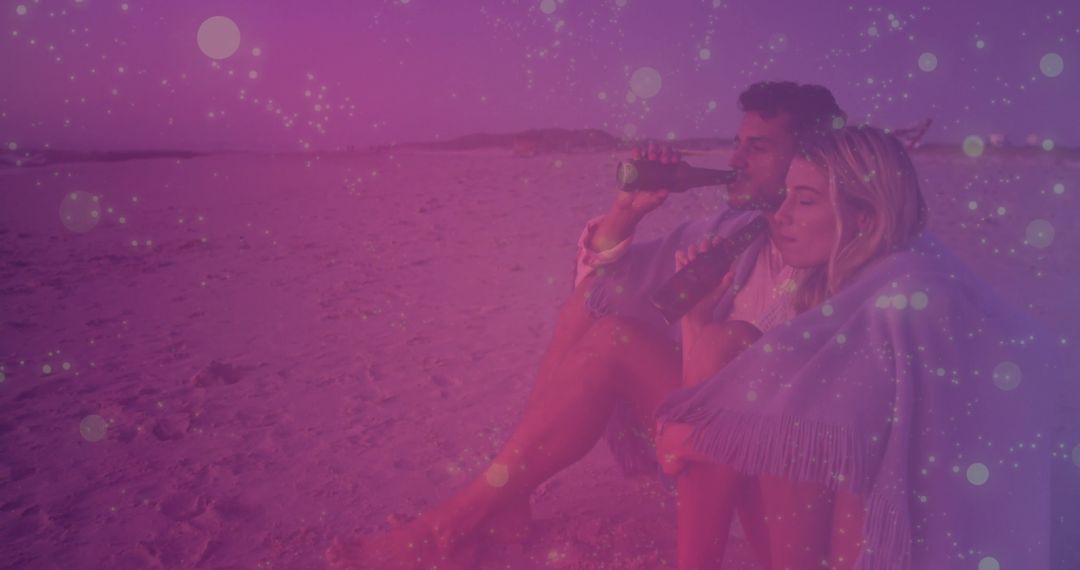 Romantic Couple Enjoying Beach Sunset Under Fringed Shawl