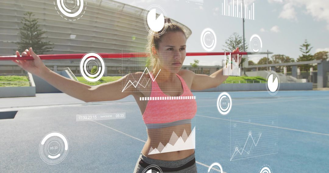 Female athlete training with bar and performance analytics overlay at outdoor stadium
