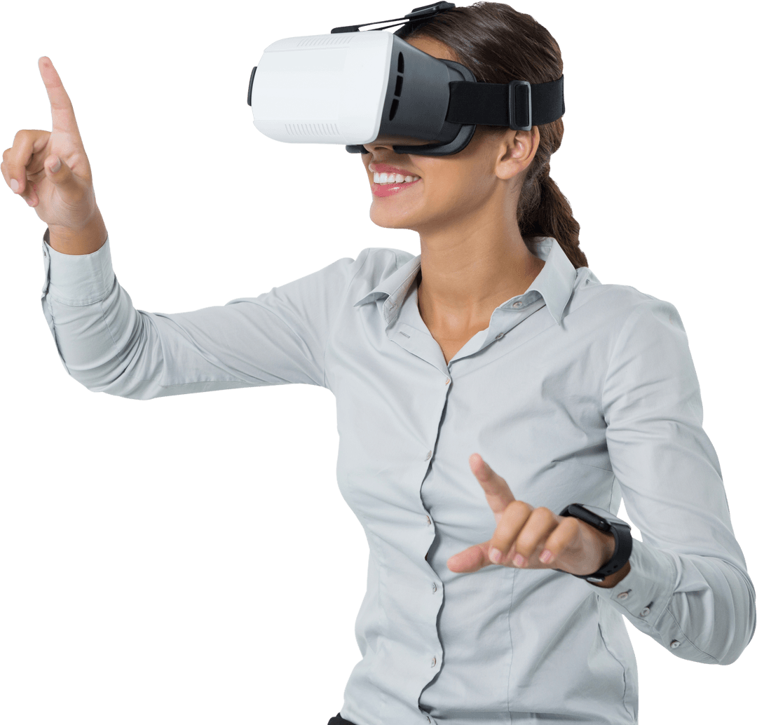 Businesswoman Engaging with Virtual World through Transparent Lens
