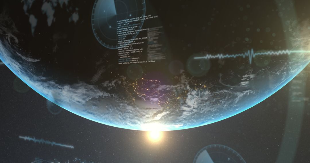 Digital Data Streams Orbiting Earth in Futuristic Space Setting