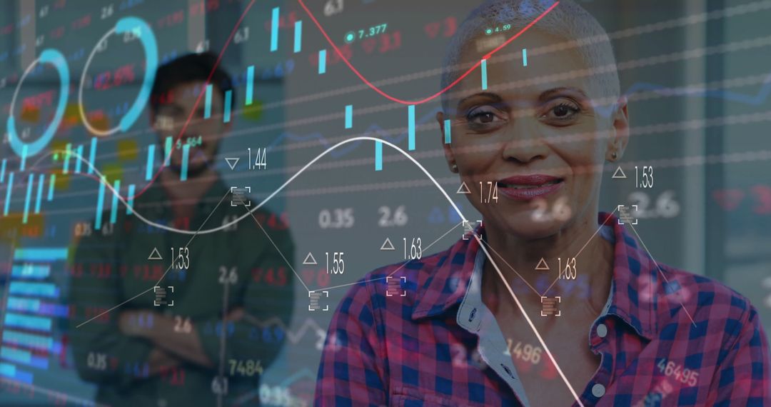 Financial Data Overlay with Diverse Team in Office Setting