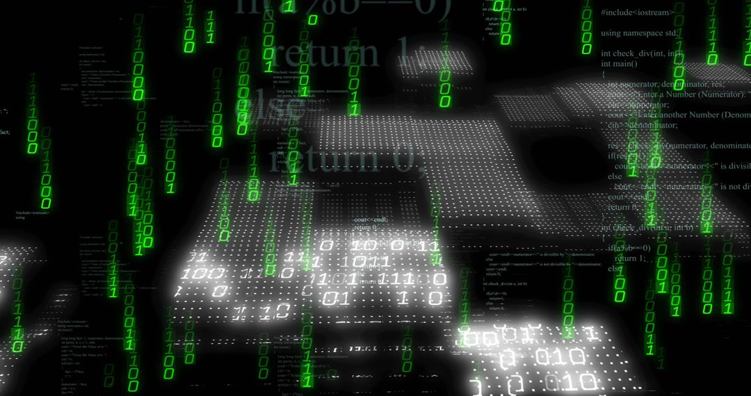 Futuristic Digital Data Stream with Green Binary and Code Grids