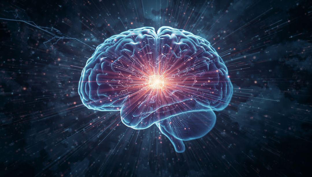 Futuristic Neon Brain with Central Microchip Concept