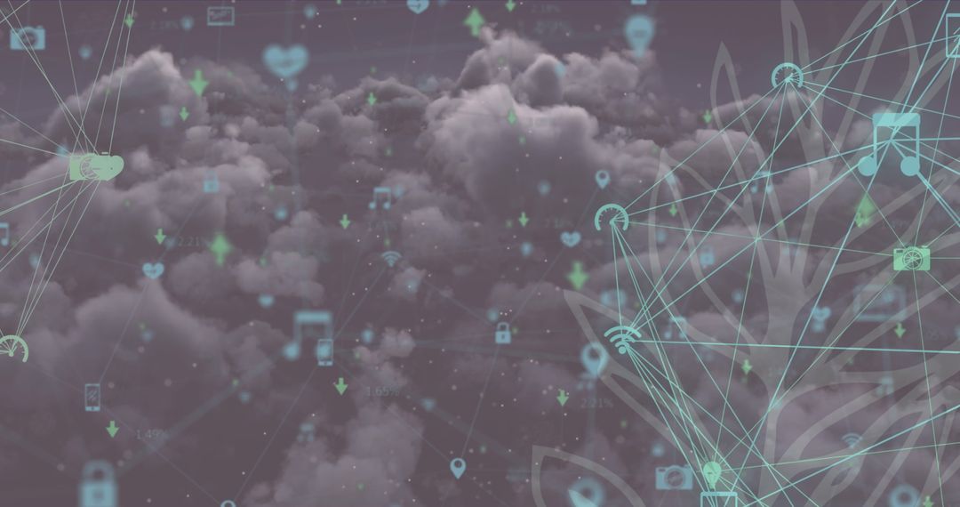 Digital Network of Icons on Cloudy Sky Background