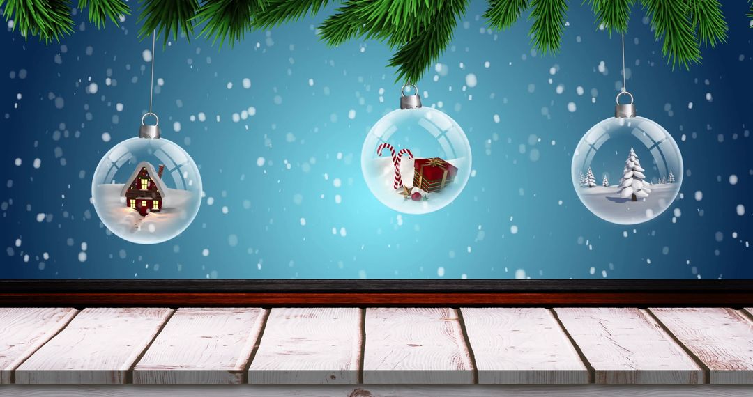 Festive Baubles Hanging Amidst Falling Snowflakes