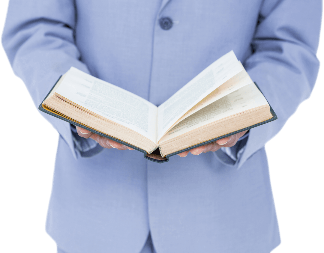 Businessman Holding Open Book on Transparent Background