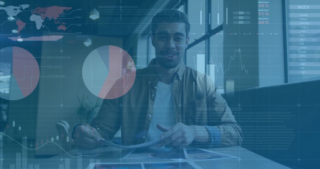 Businessman in Virtual Meeting with Digital Data Visualization