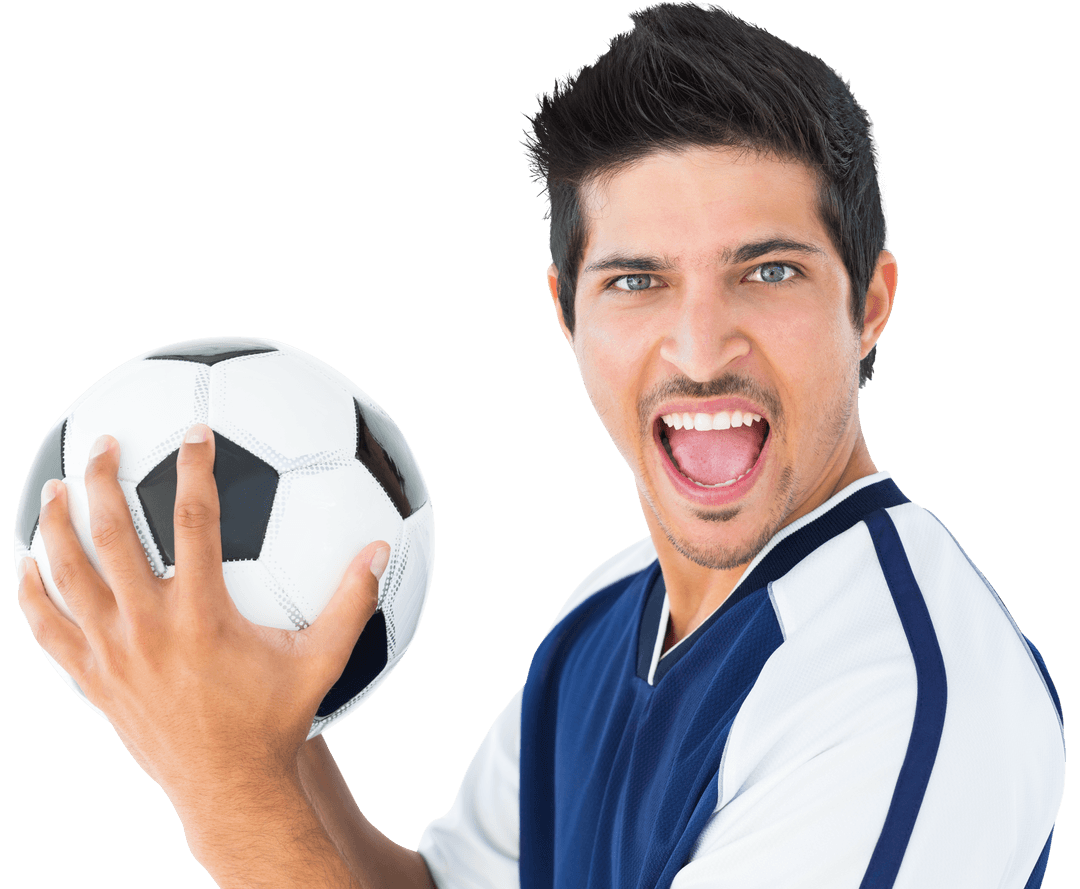 Enthusiastic Male Soccer Player Holding Ball with Transparent Background
