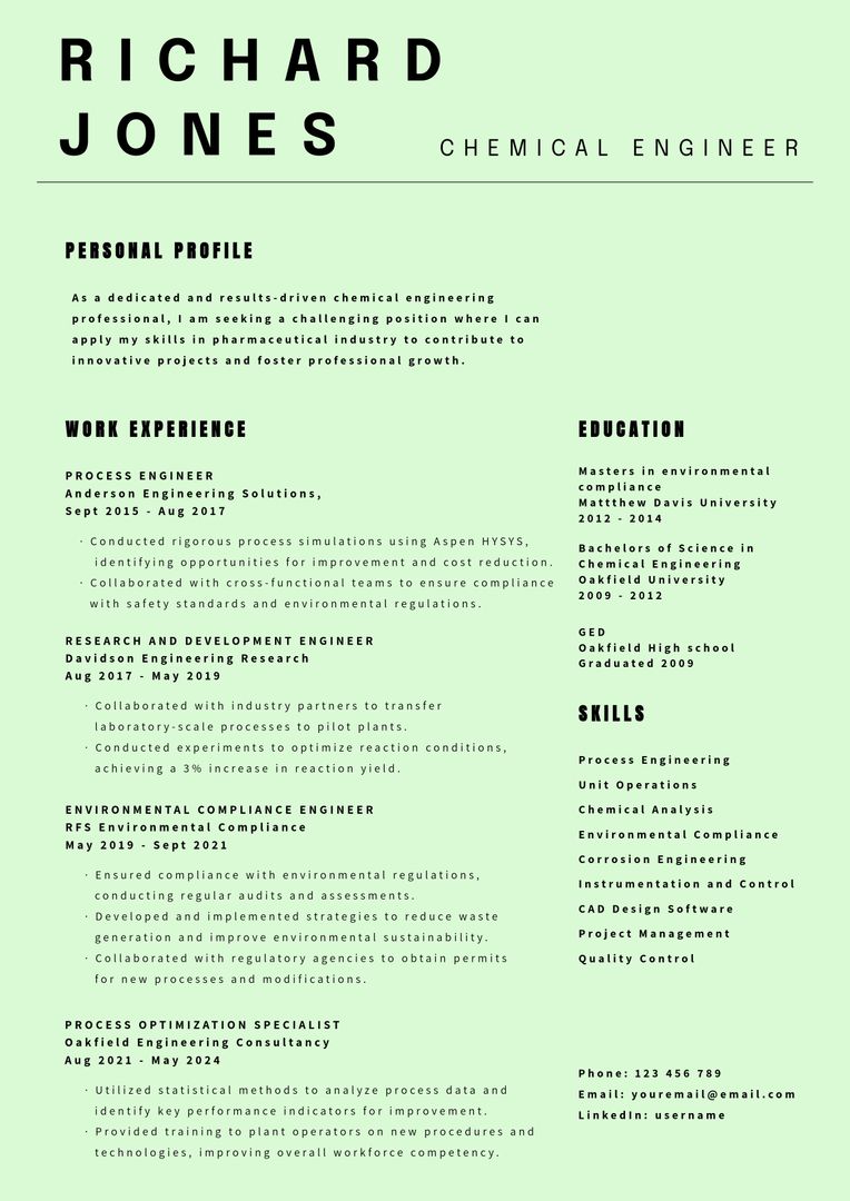 Modern Chemical Engineer Resume Template with Clean Design and Professional Layout - Download Free Stock Templates Pikwizard.com