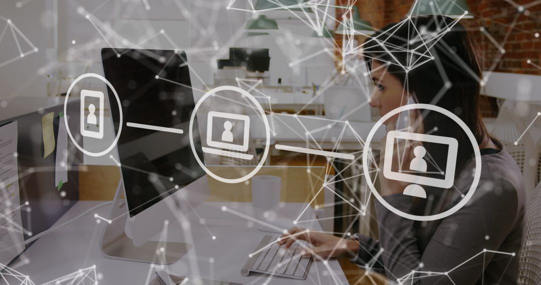 Businesswoman Connected to Global Network Working with Computers