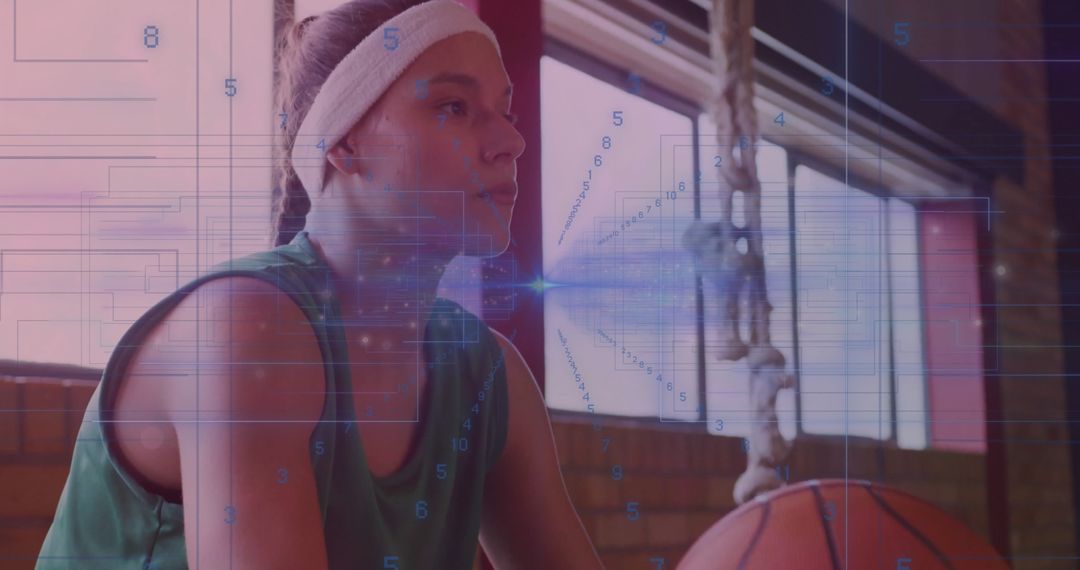 Focused Young Athlete in Gym with Digital Data Overlay