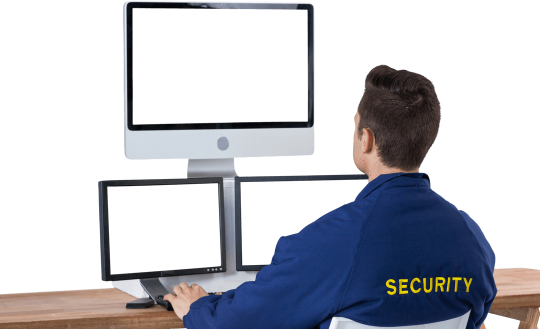 Rear View of Transparent Security Officer Observing Monitors