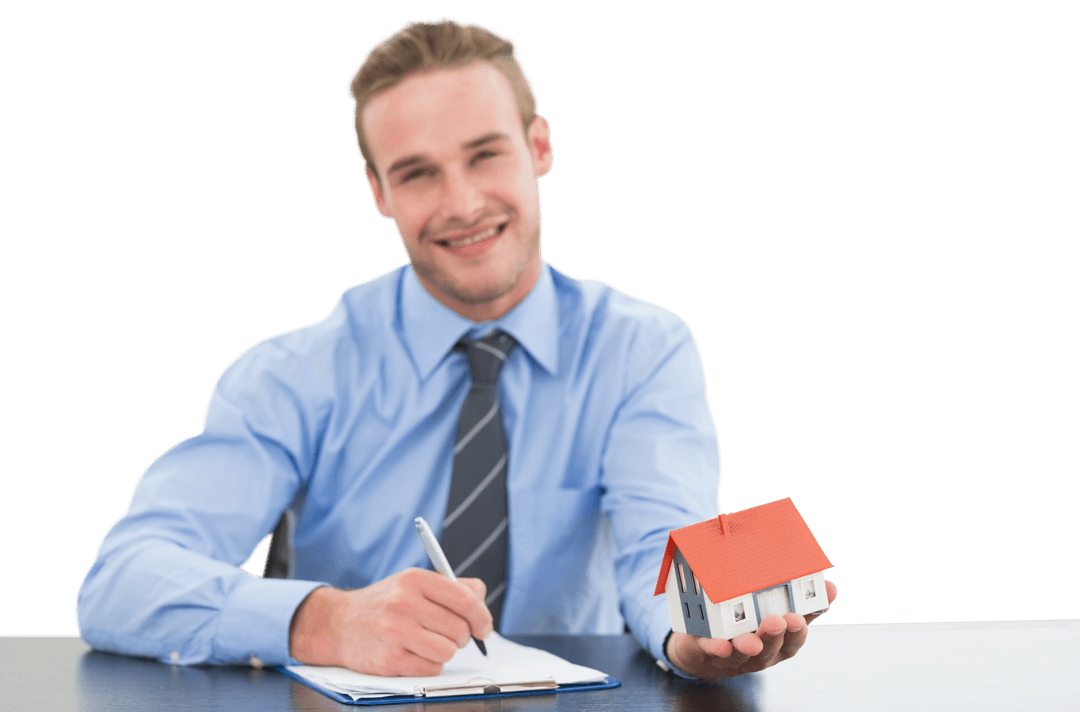 Portrait of Smiling Real Estate Agent with Model House on Transparent Background