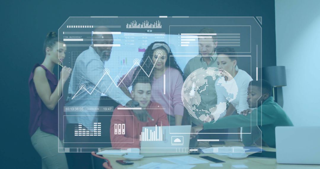 Diverse Team Analyzing Holographic Data in Modern Office Setup