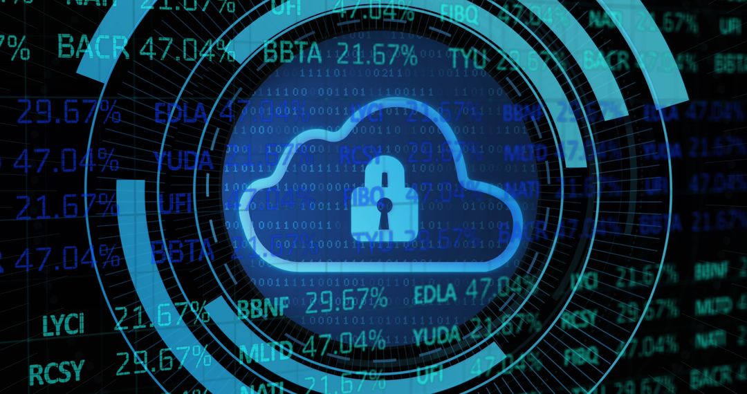 Cybersecurity Concept with Cloud and Lock Icon Over Stock Market Data