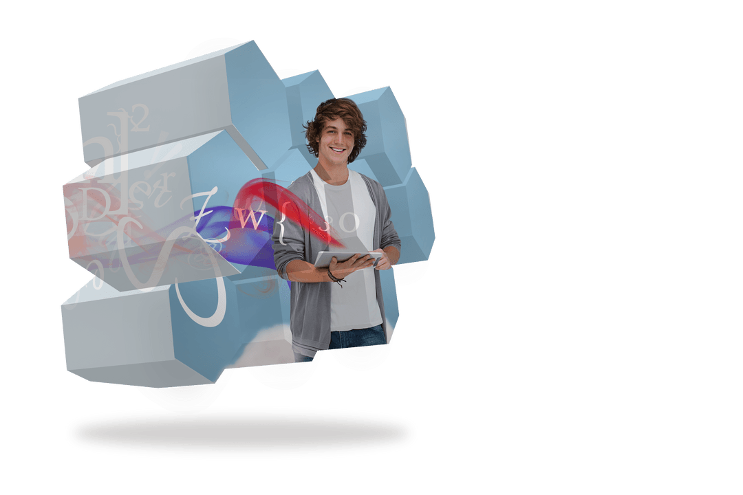 Happy Student with Tablet on Transparent Abstract Learning Screen