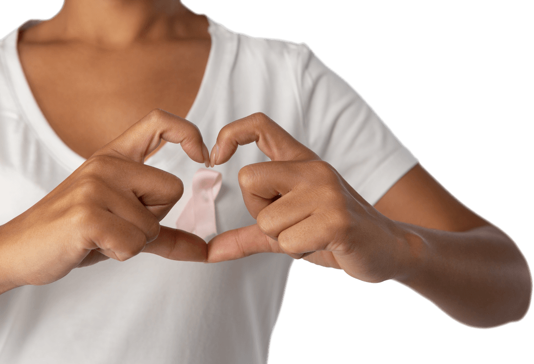 Transparent Woman Wearing Pink Ribbon Forming Heart Gesture