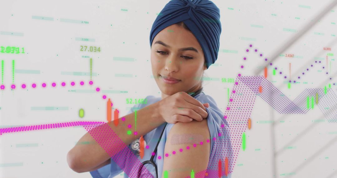 Nurse with Graph Annotation Touching Bandage: Medical and Financial sectors