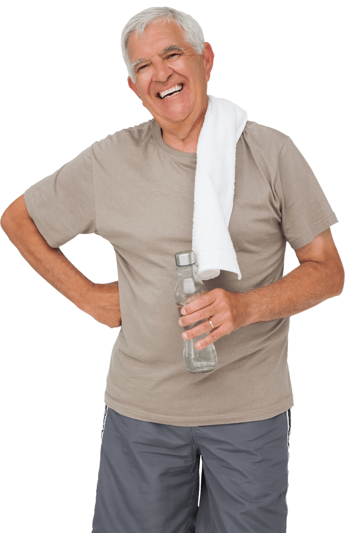 Smiling Senior Man with Water Bottle on Transparent Background